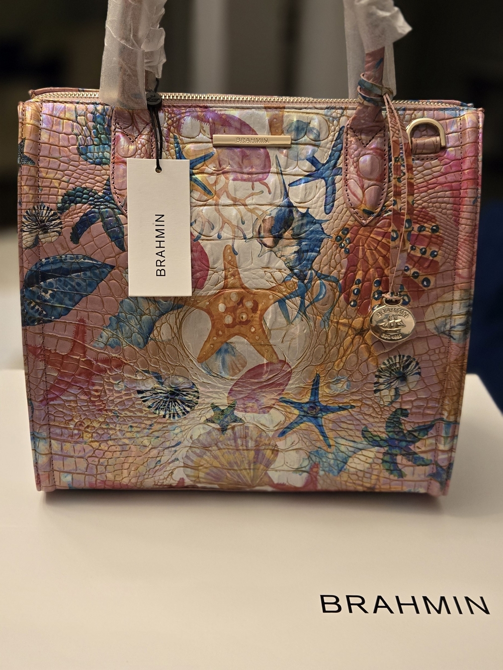 Brahmin Multicolor Sea Life Embossed Leather Tote